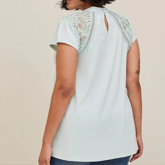 Torrid plus lace shoulders mock neck jersey knit top, 5X, mint blue/ aqua - Picture 5 of 13